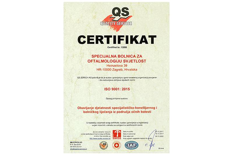 Klinika Svjetlost certificirana prema normi Sustava upravljanja kvalitetom ISO 9001: 2015